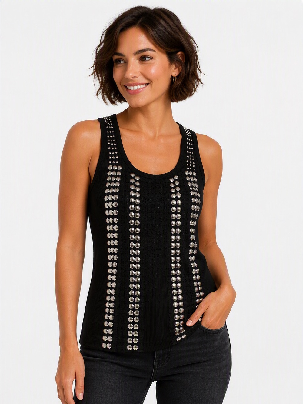 Love Culture Black Studded Scoop Neck Tank